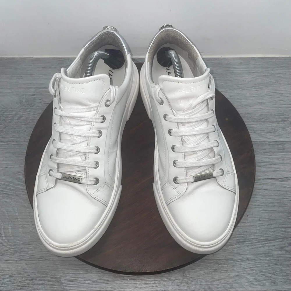 Valentino by Mario Valentino Ronald Logo Leather Sneakers White Sliver Men’s 12